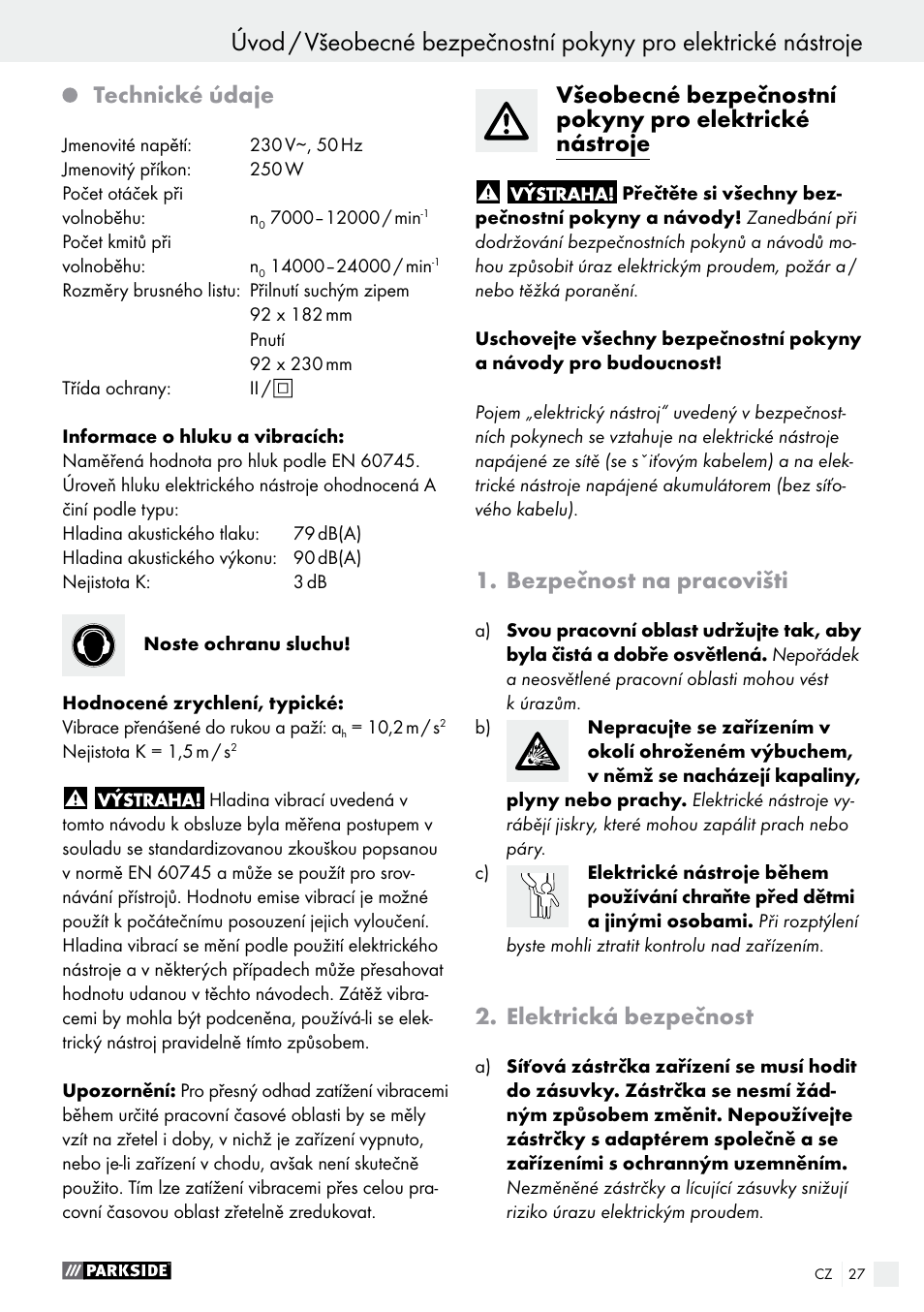 Technické údaje, Bezpečnost na pracovišti, Elektrická bezpečnost | Parkside PSS 250 A1 User Manual | Page 27 / 54