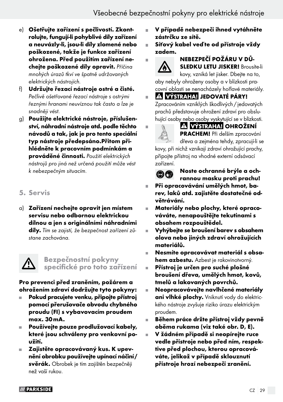 Servis, Bezpečnostní pokyny specifické pro toto zařízení | Parkside PSS 250 A1 User Manual | Page 29 / 54