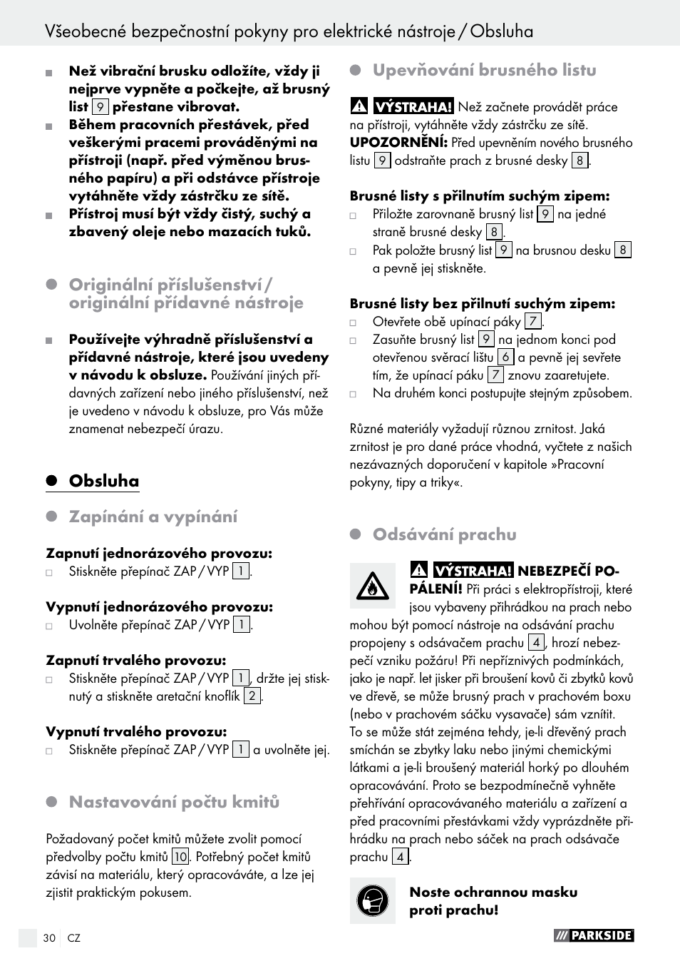 Obsluha, Zapínání a vypínání, Nastavování počtu kmitů | Upevňování brusného listu, Odsávání prachu | Parkside PSS 250 A1 User Manual | Page 30 / 54