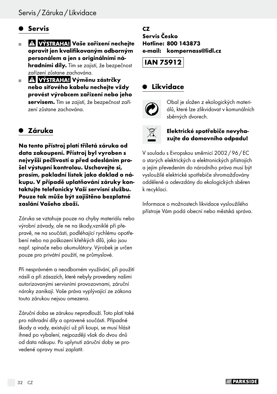 Servis, Záruka, Likvidace | Parkside PSS 250 A1 User Manual | Page 32 / 54