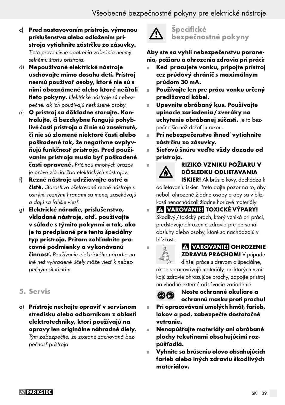 Servis, Špecifické bezpečnostné pokyny | Parkside PSS 250 A1 User Manual | Page 39 / 54