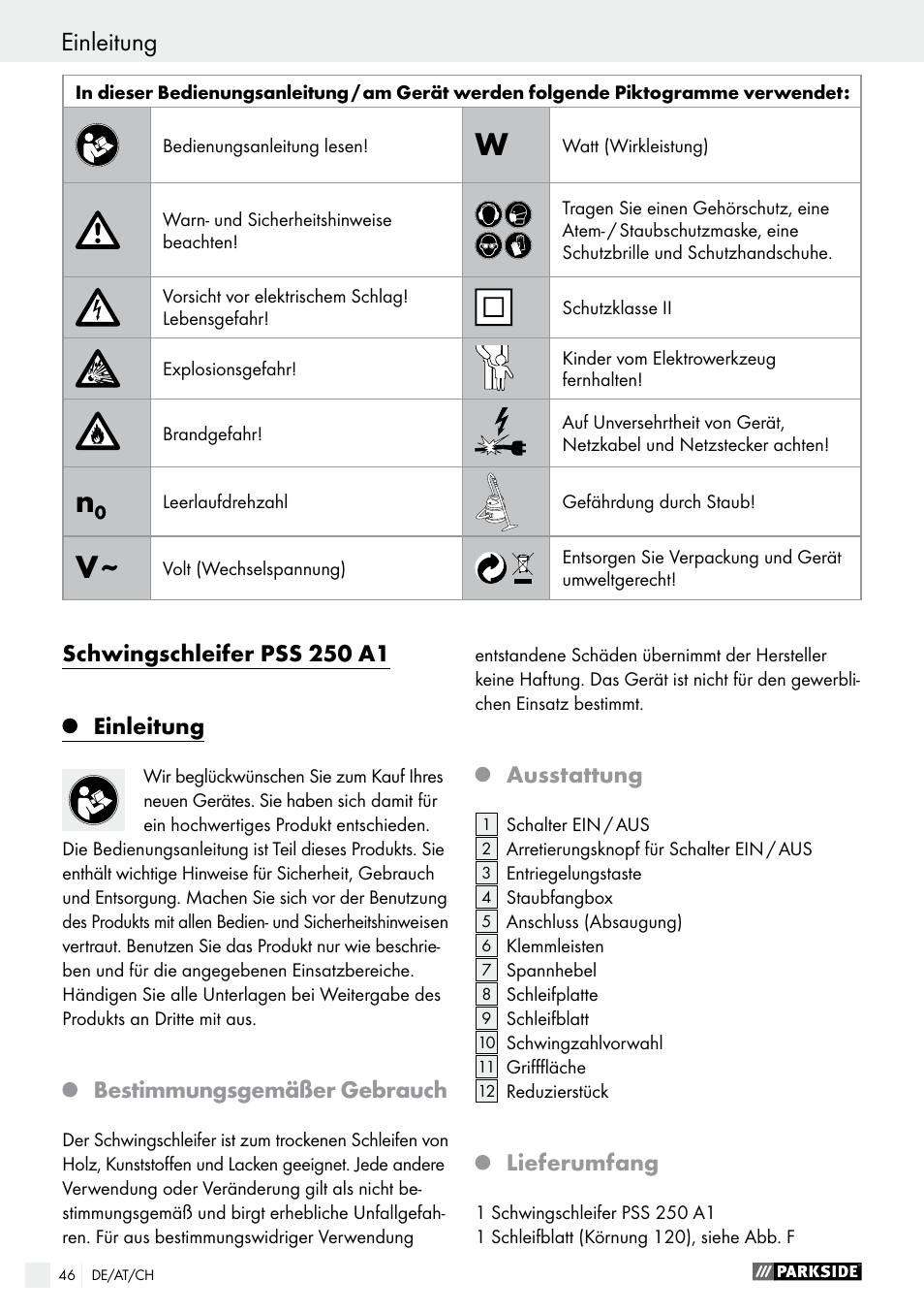 Schwingschleifer pss 250 a1, Einleitung, Bestimmungsgemäßer gebrauch | Ausstattung, Lieferumfang | Parkside PSS 250 A1 User Manual | Page 46 / 54