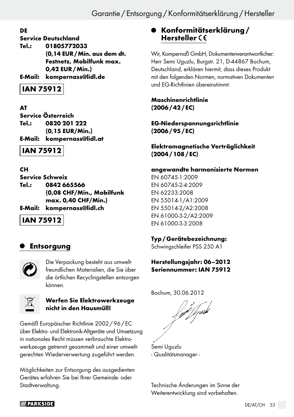 Entsorgung, Konformitätserklärung / hersteller | Parkside PSS 250 A1 User Manual | Page 53 / 54