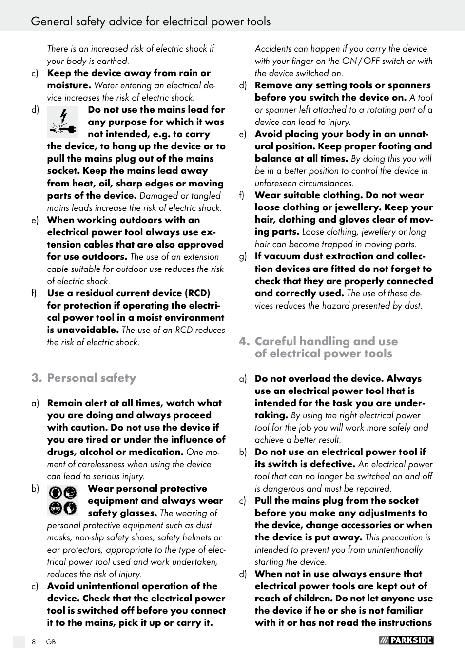 General safety advice for electrical power tools, Personal safety, Careful handling and use of electrical power tools | Parkside PSS 250 A1 User Manual | Page 8 / 54