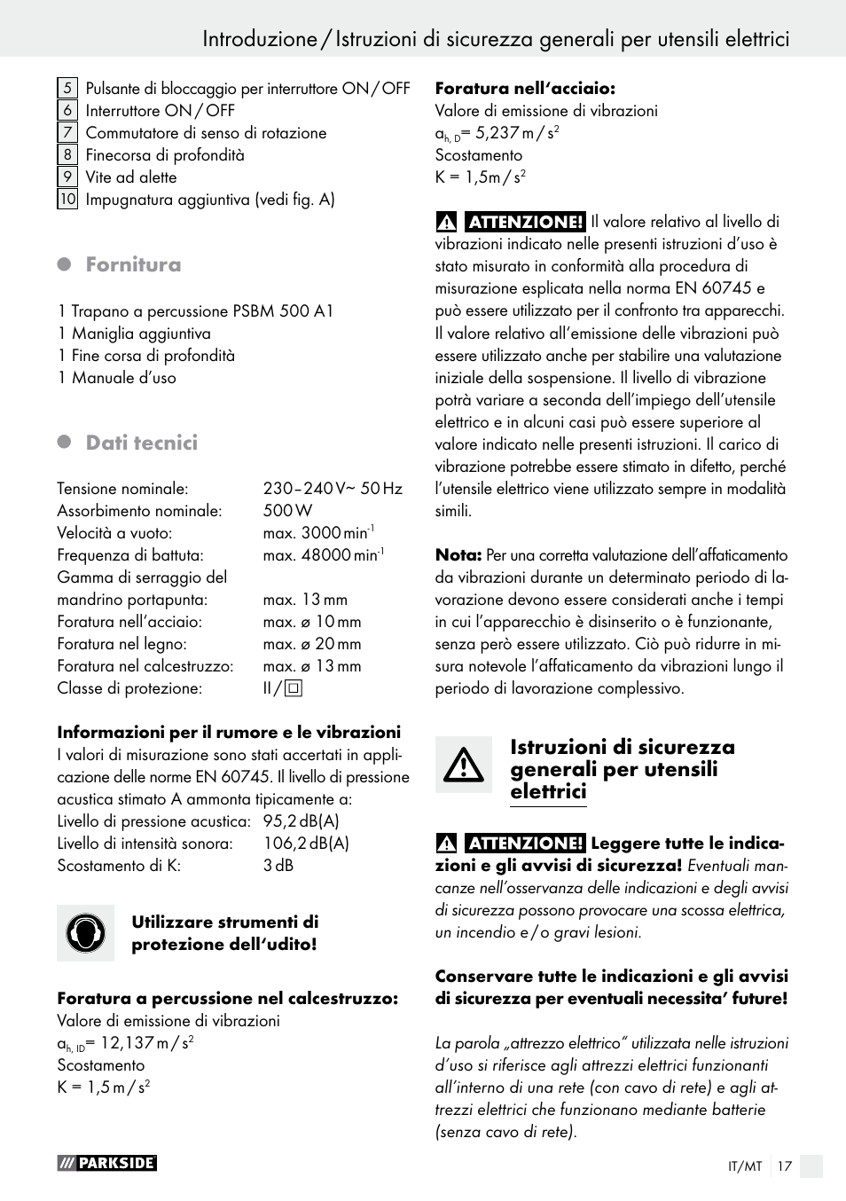 Fornitura, Dati tecnici | Parkside PSBM 500 A1 User Manual | Page 17 / 54