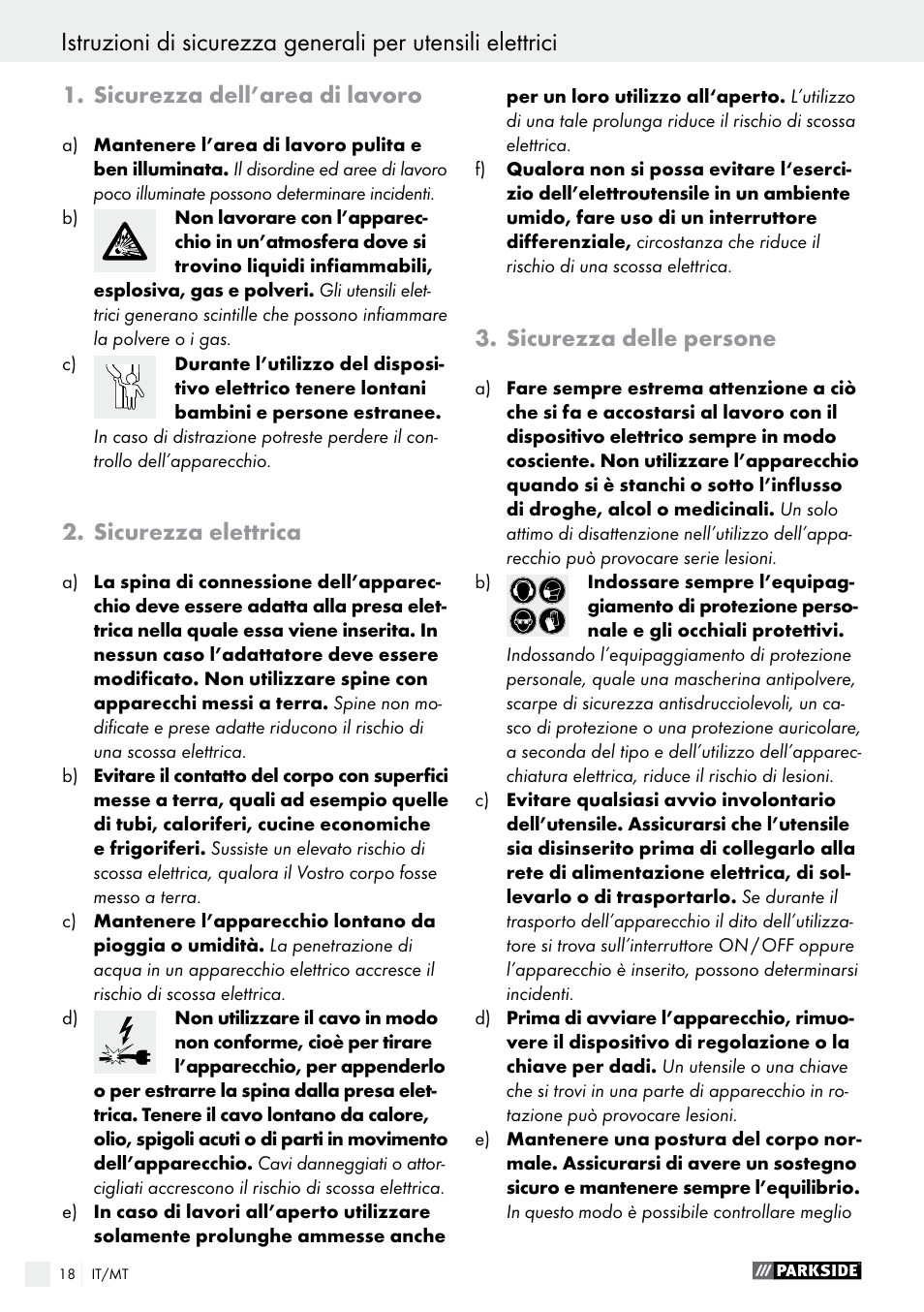 Sicurezza dell’area di lavoro, Sicurezza elettrica, Sicurezza delle persone | Parkside PSBM 500 A1 User Manual | Page 18 / 54