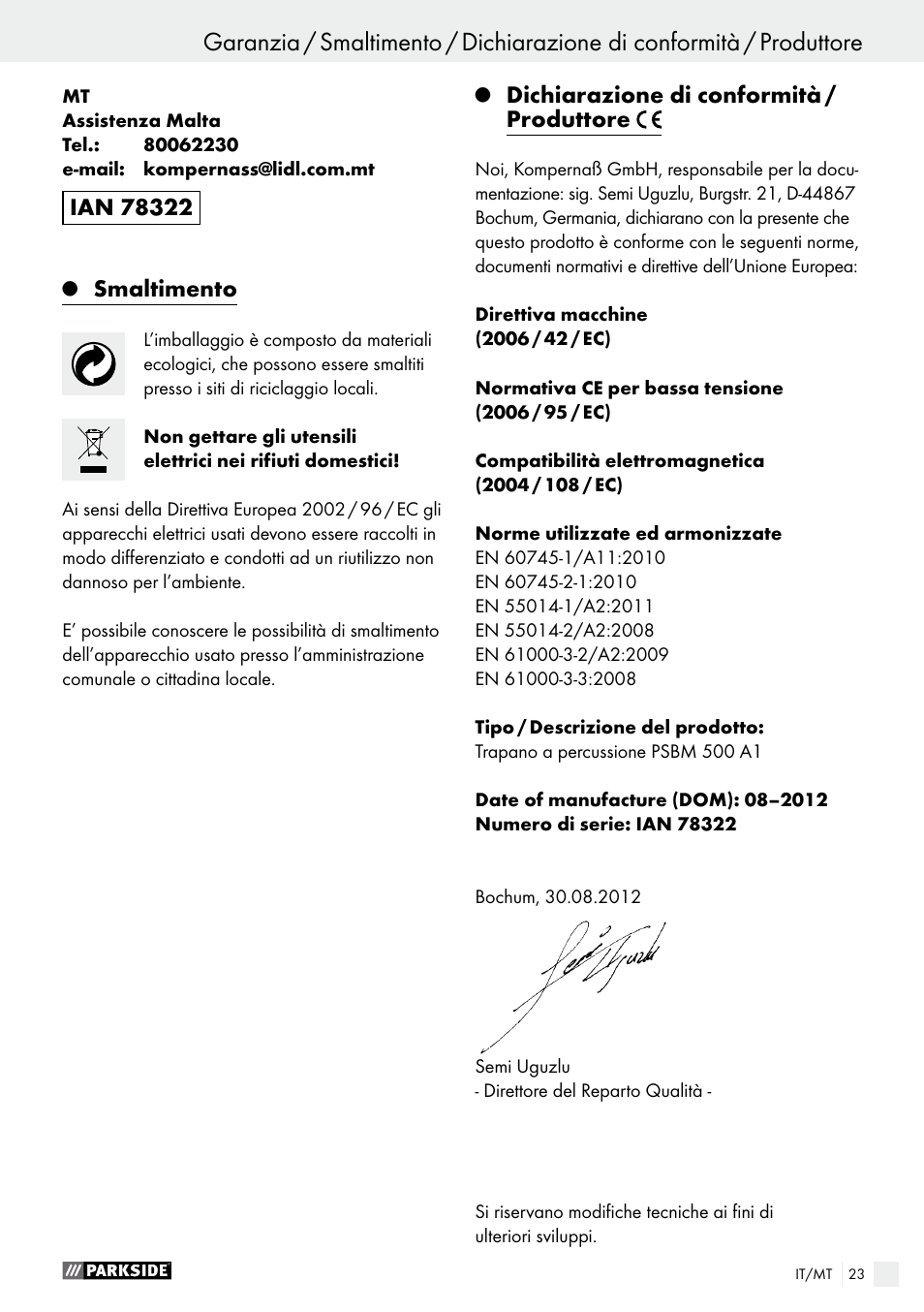 Smaltimento, Dichiarazione di conformità / produttore | Parkside PSBM 500 A1 User Manual | Page 23 / 54
