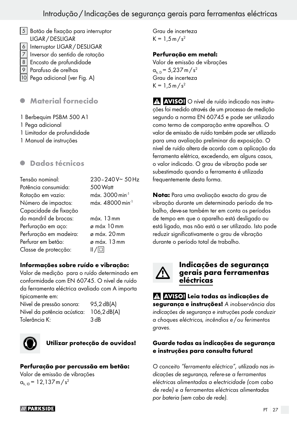 Material fornecido, Dados técnicos | Parkside PSBM 500 A1 User Manual | Page 27 / 54