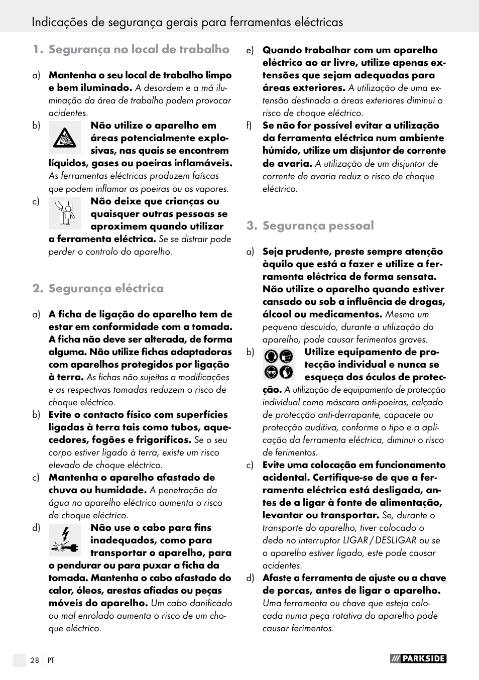 Segurança no local de trabalho, Segurança eléctrica, Segurança pessoal | Parkside PSBM 500 A1 User Manual | Page 28 / 54
