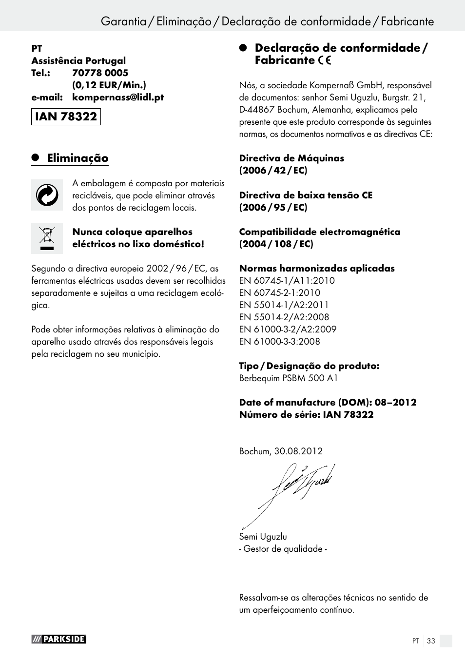 Eliminação, Declaração de conformidade / fabricante | Parkside PSBM 500 A1 User Manual | Page 33 / 54