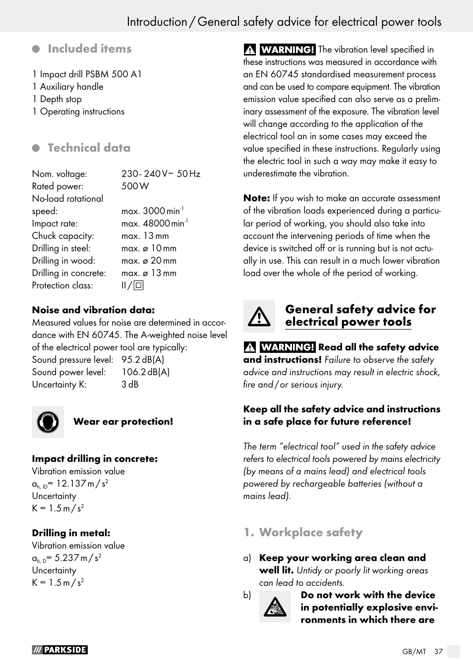 Included items, Technical data, General safety advice for electrical power tools | Workplace safety | Parkside PSBM 500 A1 User Manual | Page 37 / 54