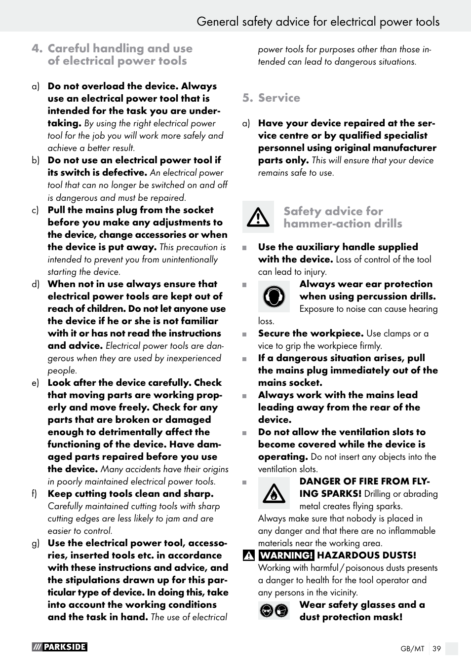 General safety advice for electrical power tools, Careful handling and use of electrical power tools, Service | Safety advice for hammer-action drills | Parkside PSBM 500 A1 User Manual | Page 39 / 54