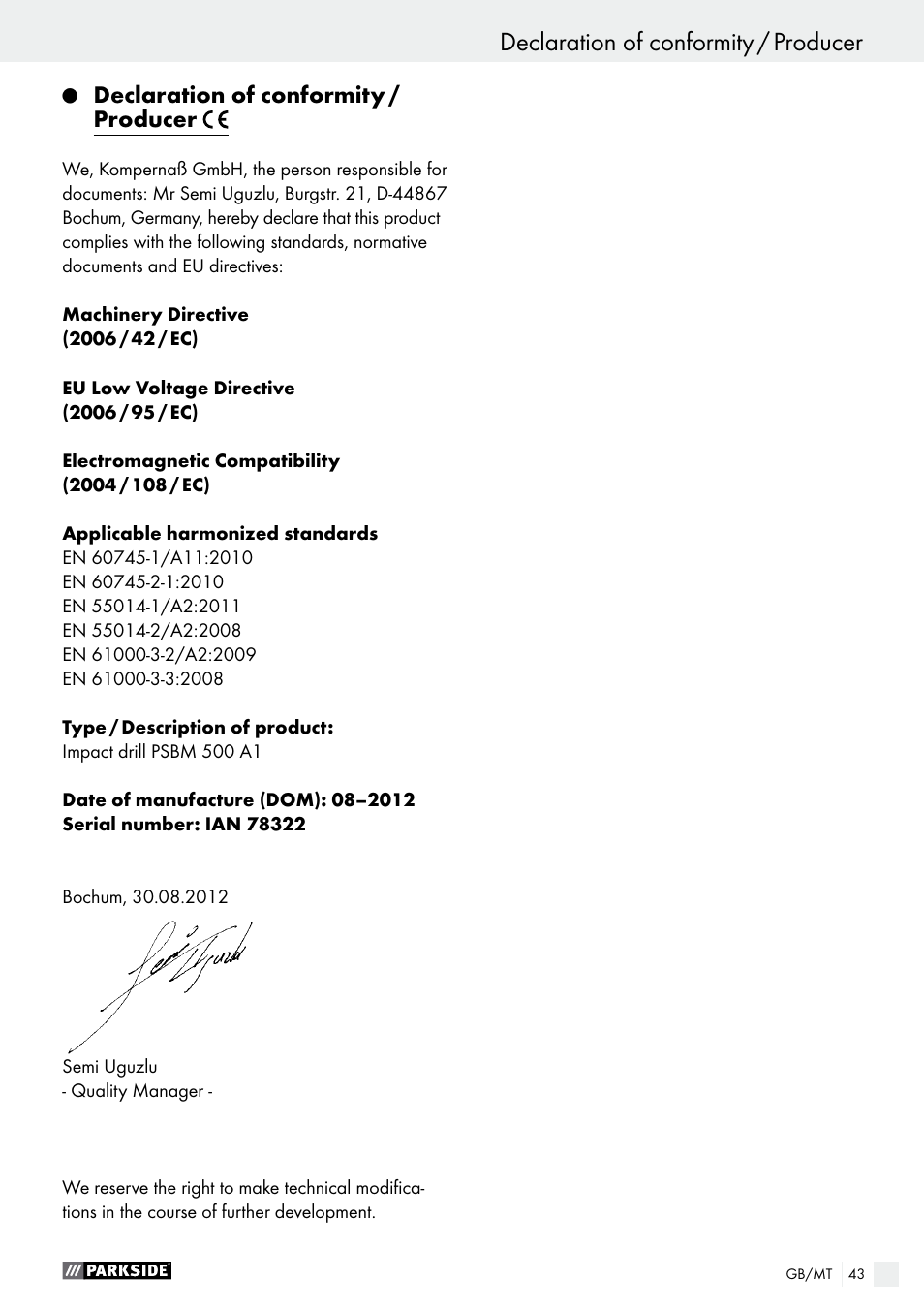 Declaration of conformity / producer | Parkside PSBM 500 A1 User Manual | Page 43 / 54
