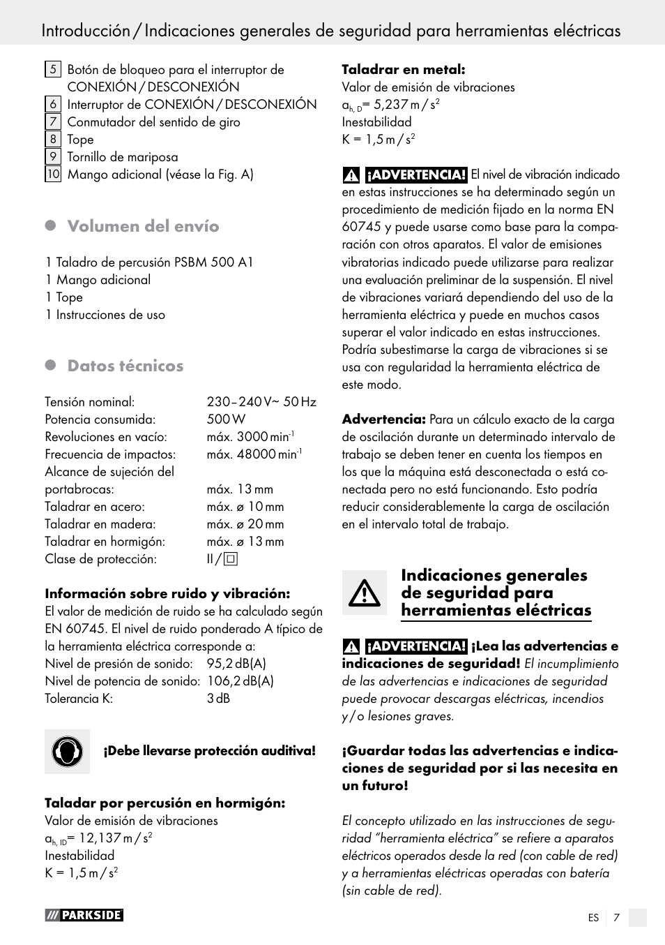 Volumen del envío, Datos técnicos | Parkside PSBM 500 A1 User Manual | Page 7 / 54
