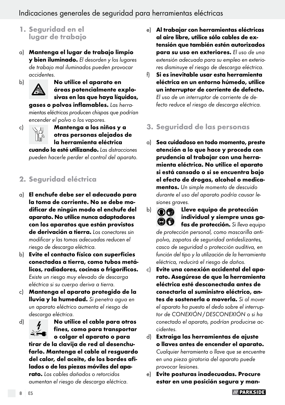 Seguridad en el lugar de trabajo, Seguridad eléctrica, Seguridad de las personas | Parkside PSBM 500 A1 User Manual | Page 8 / 54