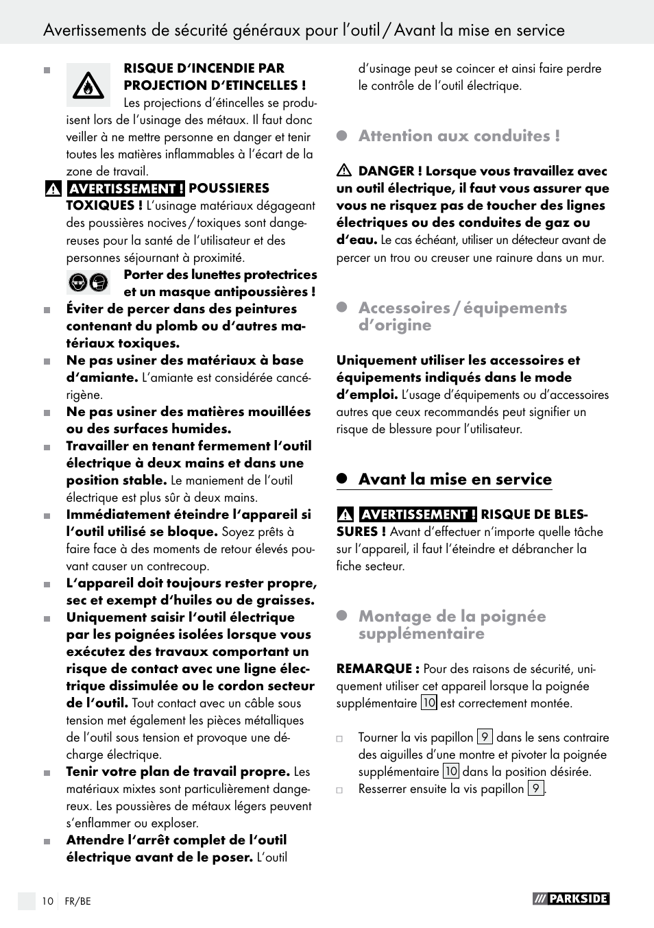 Attention aux conduites, Accessoires / équipements d’origine, Avant la mise en service | Montage de la poignée supplémentaire | Parkside PSBM 500 A1 User Manual | Page 10 / 44