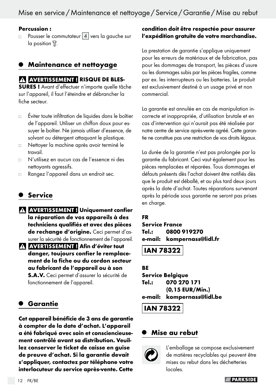 Maintenance et nettoyage, Service, Garantie | Mise au rebut | Parkside PSBM 500 A1 User Manual | Page 12 / 44