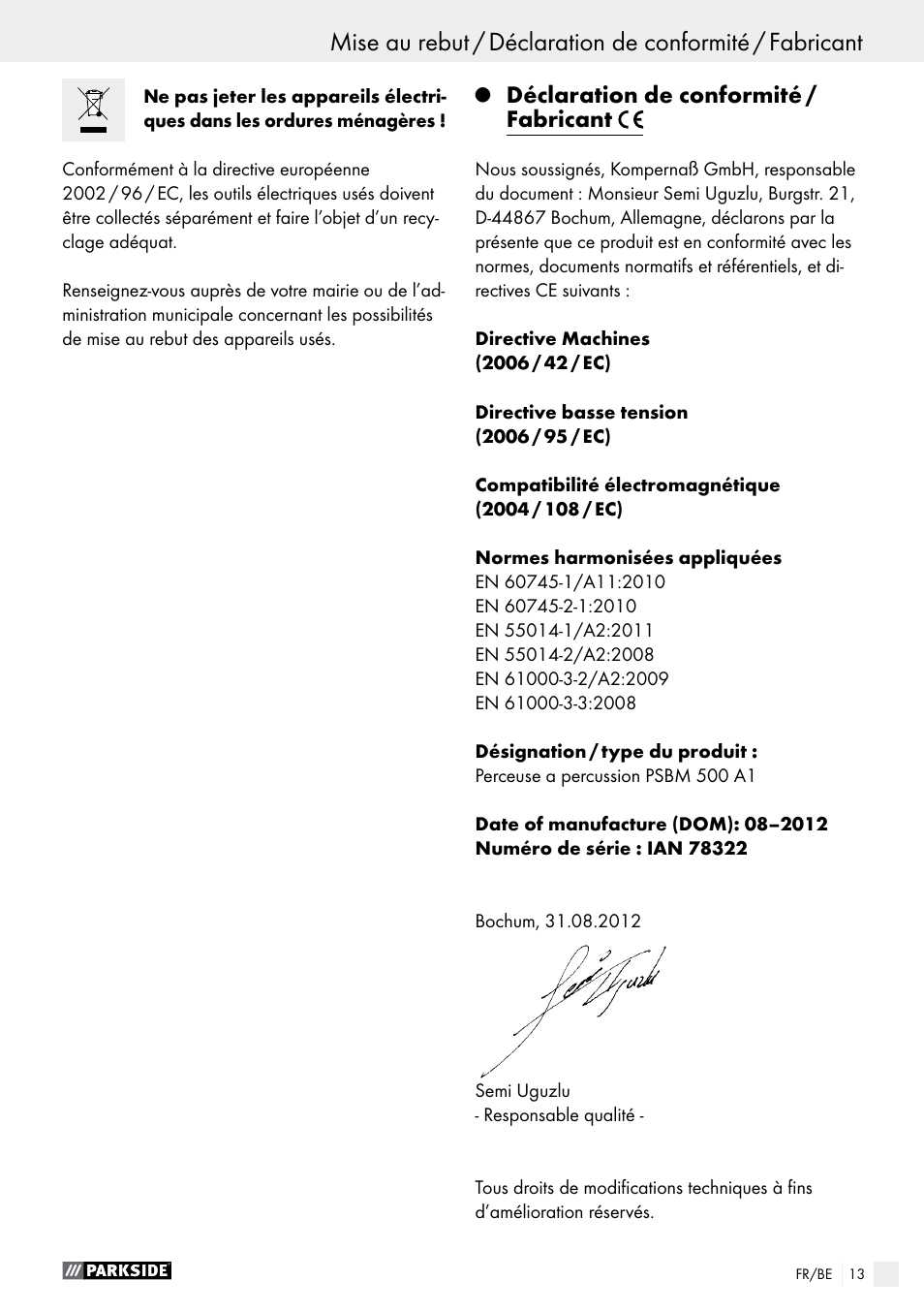 Déclaration de conformité / fabricant | Parkside PSBM 500 A1 User Manual | Page 13 / 44