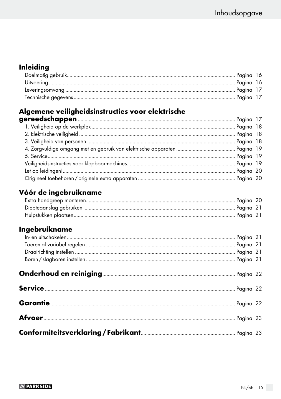 Inhoudsopgave | Parkside PSBM 500 A1 User Manual | Page 15 / 44