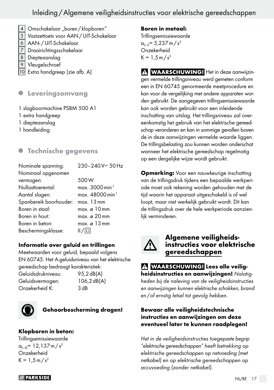 Inleiding, Leveringsomvang, Technische gegevens | Parkside PSBM 500 A1 User Manual | Page 17 / 44