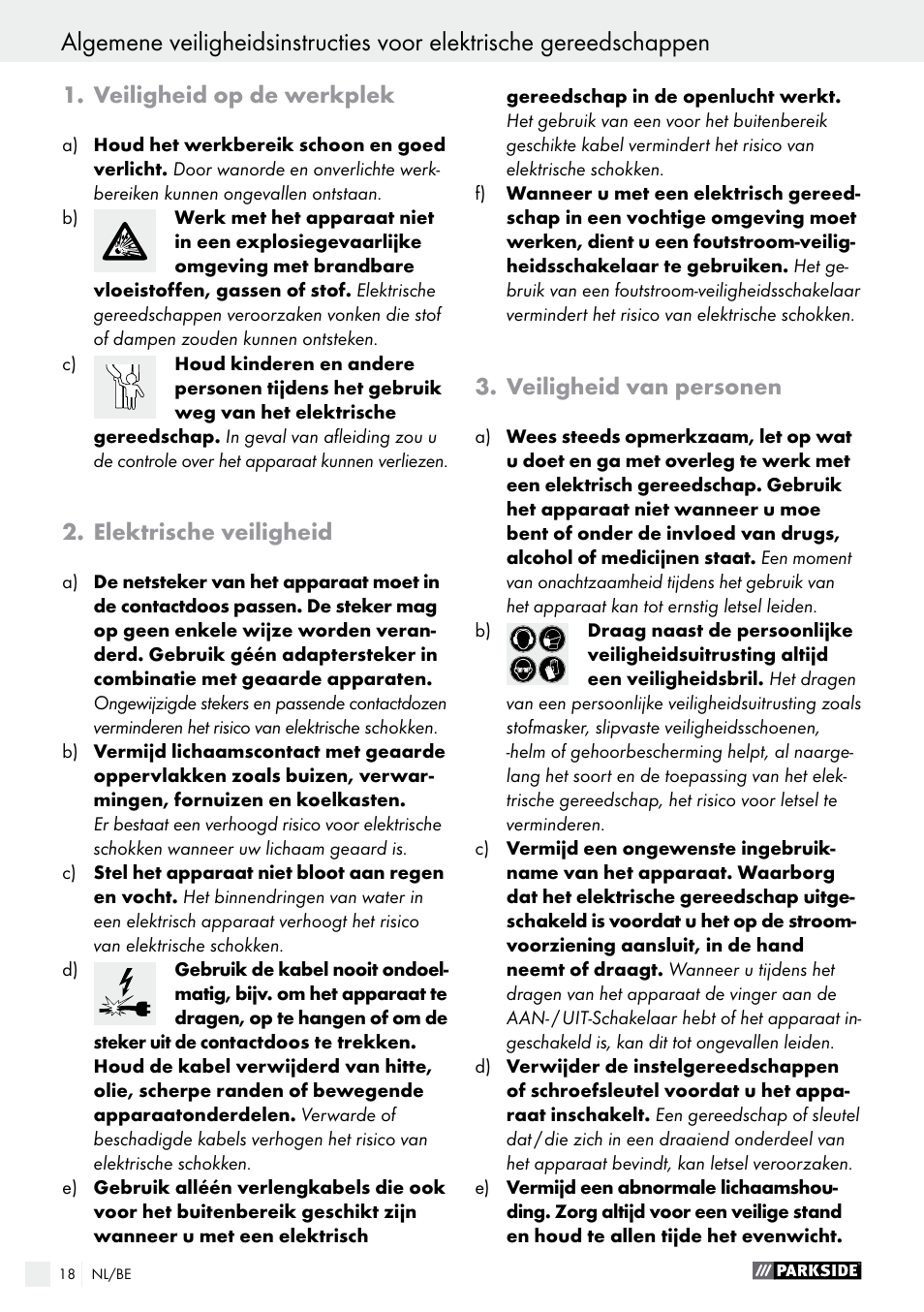 Veiligheid op de werkplek, Elektrische veiligheid, Veiligheid van personen | Parkside PSBM 500 A1 User Manual | Page 18 / 44
