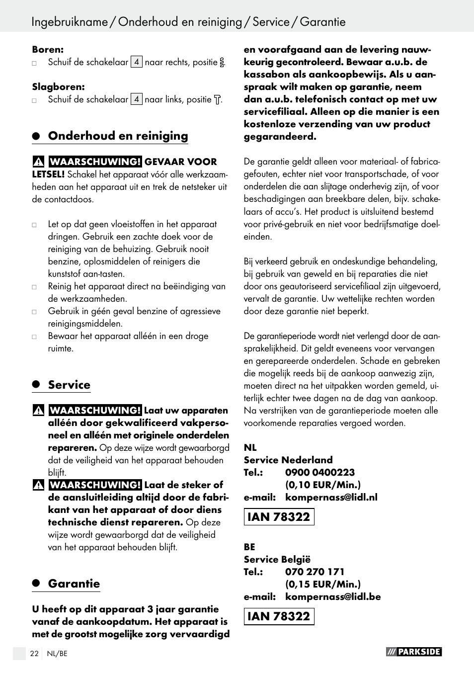 Onderhoud en reiniging, Service, Garantie | Parkside PSBM 500 A1 User Manual | Page 22 / 44