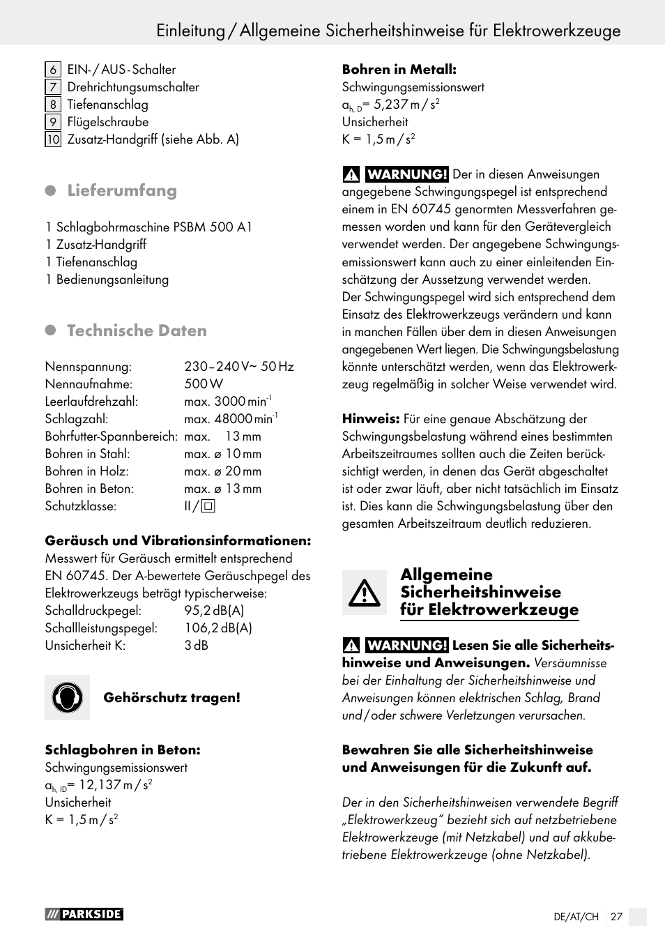 Einleitung, Lieferumfang, Technische daten | Parkside PSBM 500 A1 User Manual | Page 27 / 44