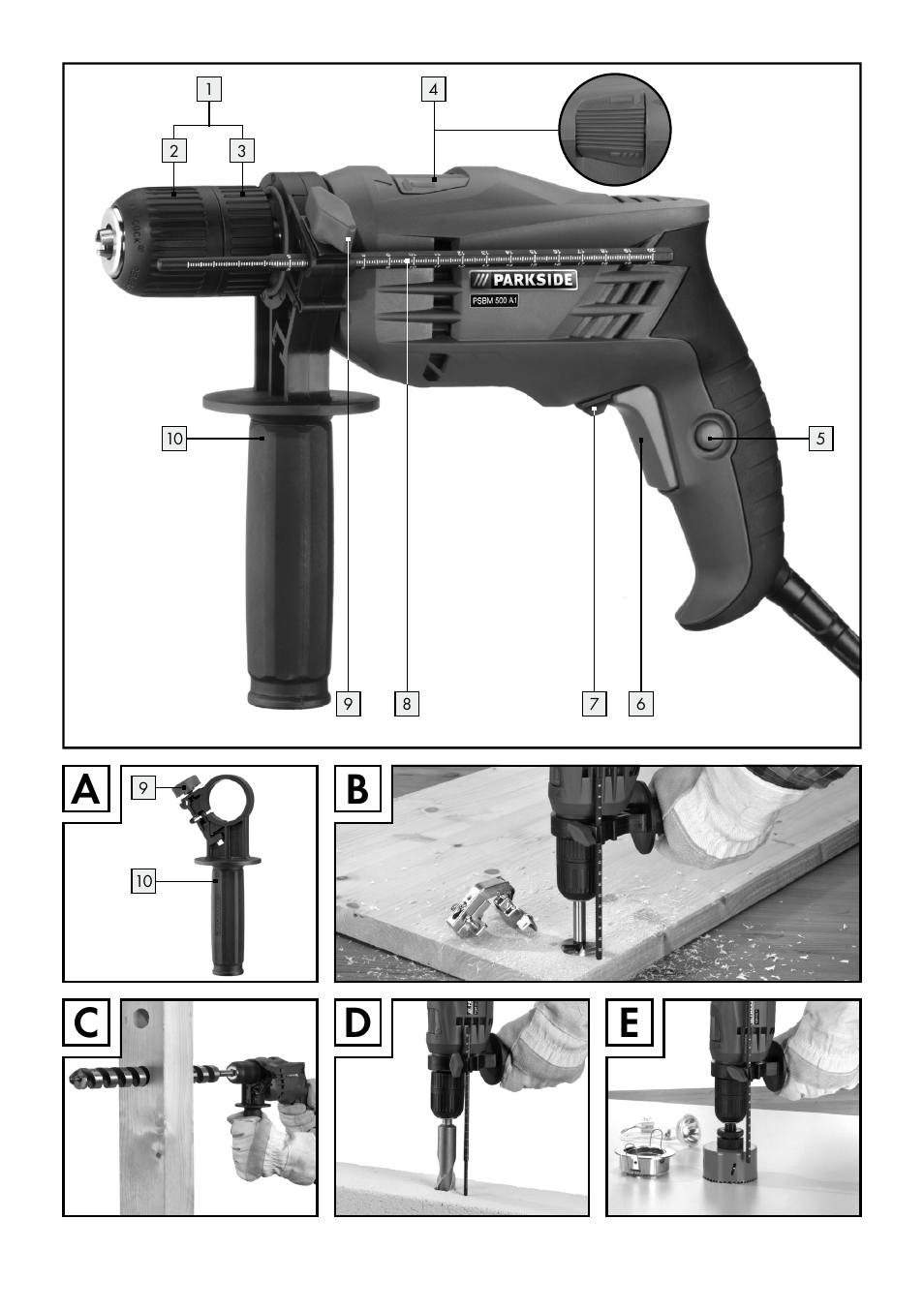 Bc d e a | Parkside PSBM 500 A1 User Manual | Page 3 / 44