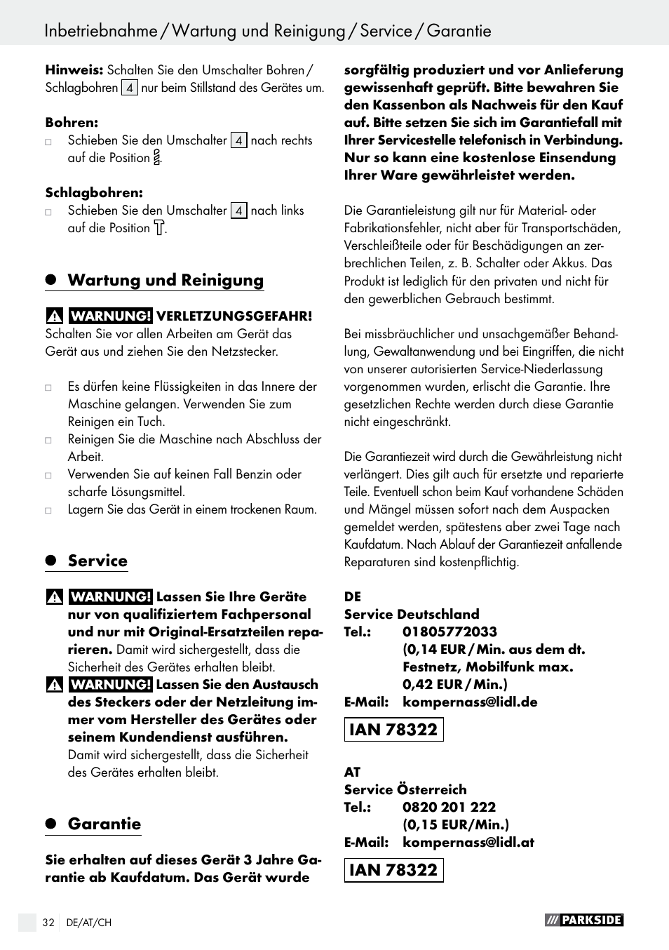 Wartung und reinigung, Service, Garantie | Parkside PSBM 500 A1 User Manual | Page 32 / 44