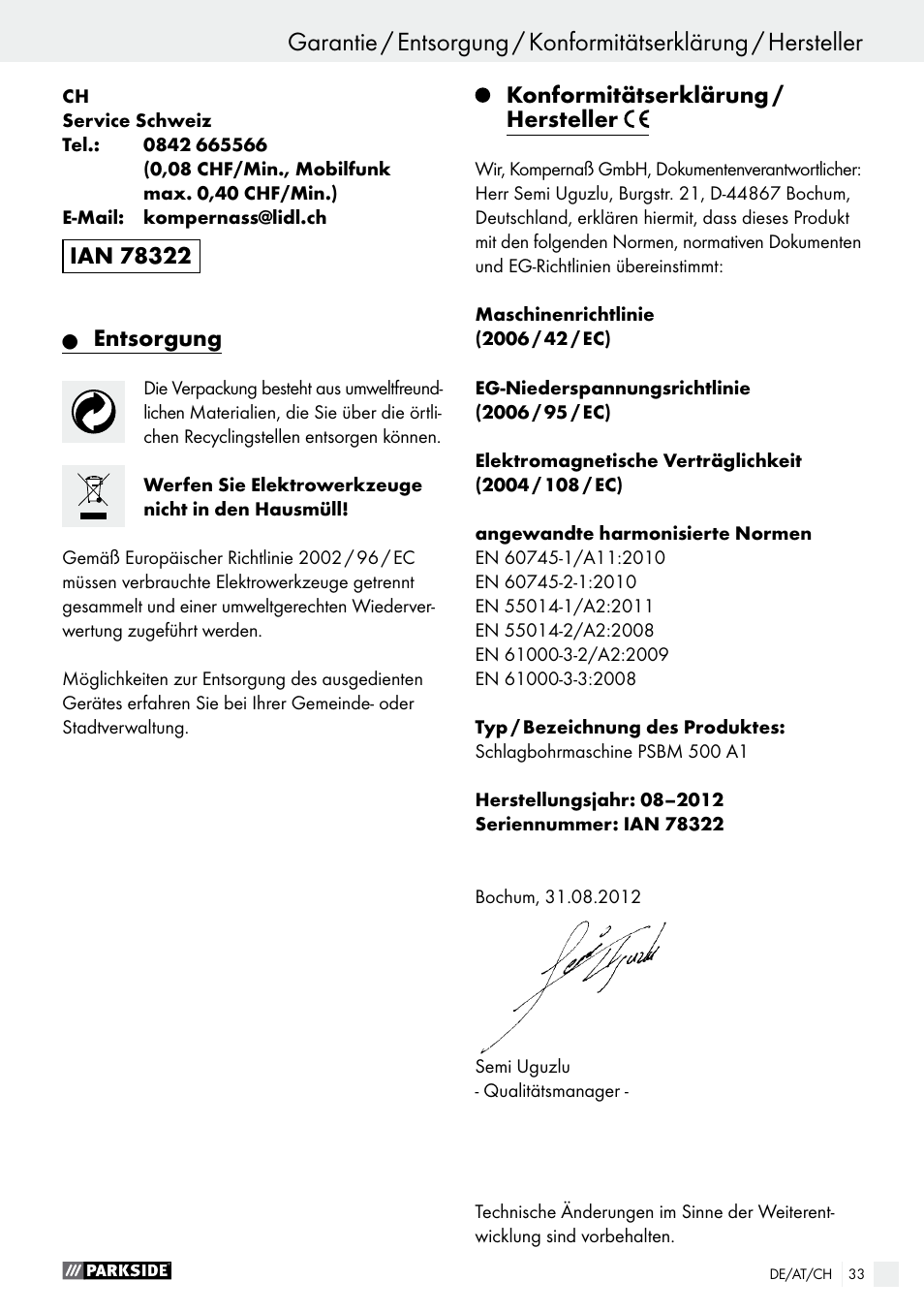 Entsorgung, Konformitätserklärung / hersteller | Parkside PSBM 500 A1 User Manual | Page 33 / 44