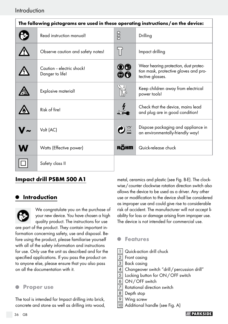 Impact drill psbm 500 a1, Introduction, Proper use | Features | Parkside PSBM 500 A1 User Manual | Page 36 / 44