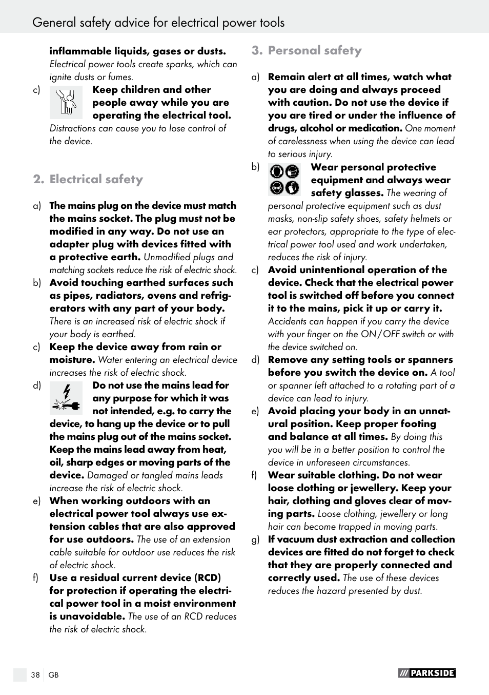 General safety advice for electrical power tools, Electrical safety, Personal safety | Parkside PSBM 500 A1 User Manual | Page 38 / 44