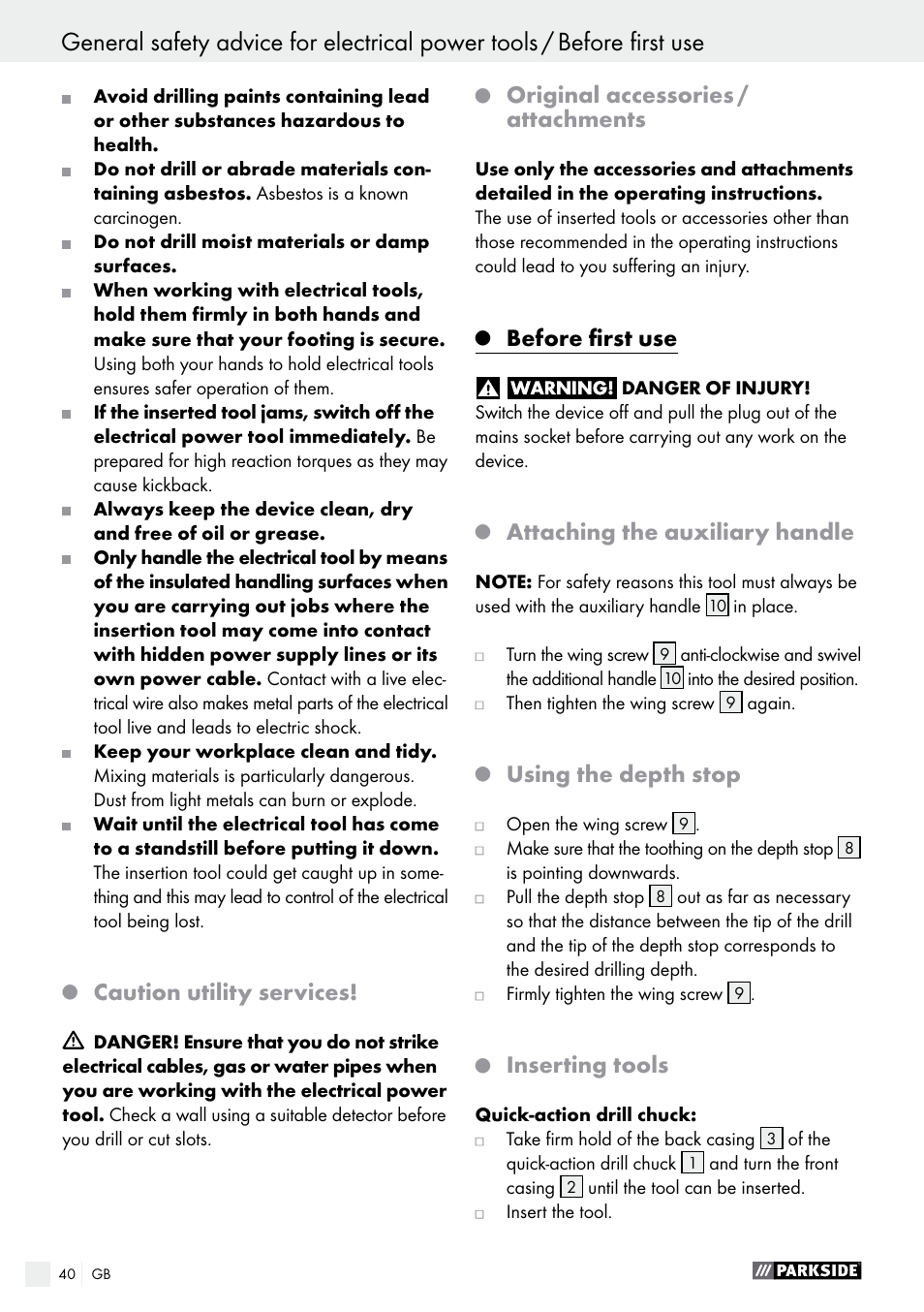 Caution utility services, Original accessories / attachments, Before first use | Attaching the auxiliary handle, Using the depth stop, Inserting tools | Parkside PSBM 500 A1 User Manual | Page 40 / 44