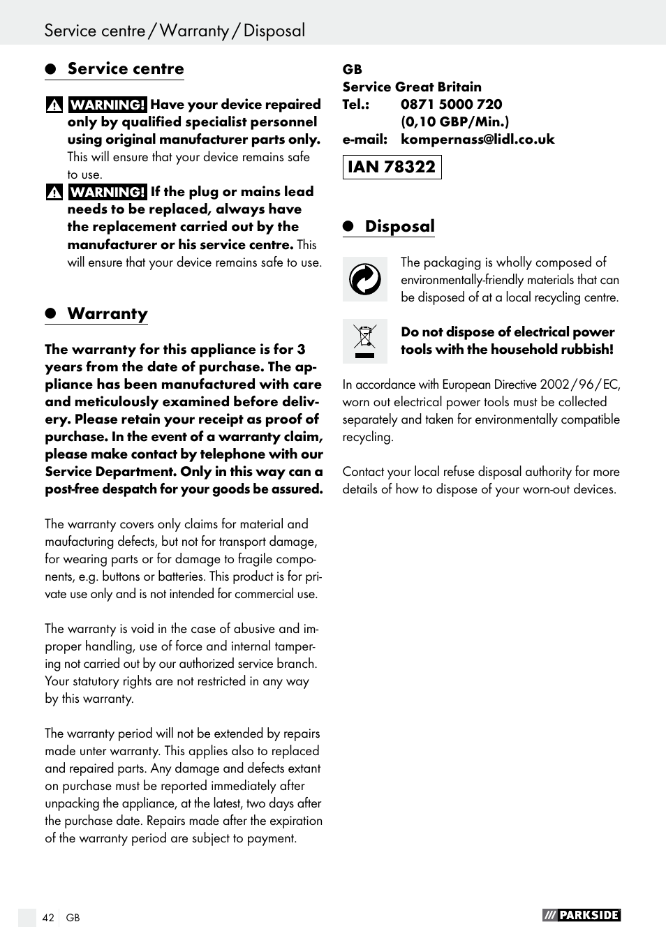 Service centre, Warranty, Disposal | Parkside PSBM 500 A1 User Manual | Page 42 / 44