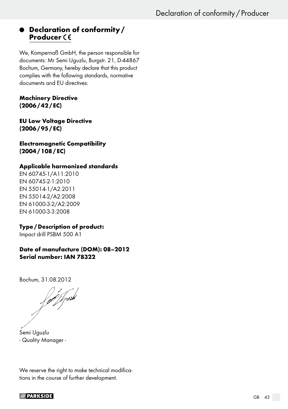 Declaration of conformity / producer | Parkside PSBM 500 A1 User Manual | Page 43 / 44
