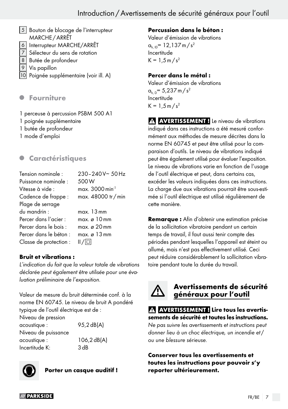 Fourniture, Caractéristiques, Avertissements de sécurité généraux pour l’outil | Parkside PSBM 500 A1 User Manual | Page 7 / 44