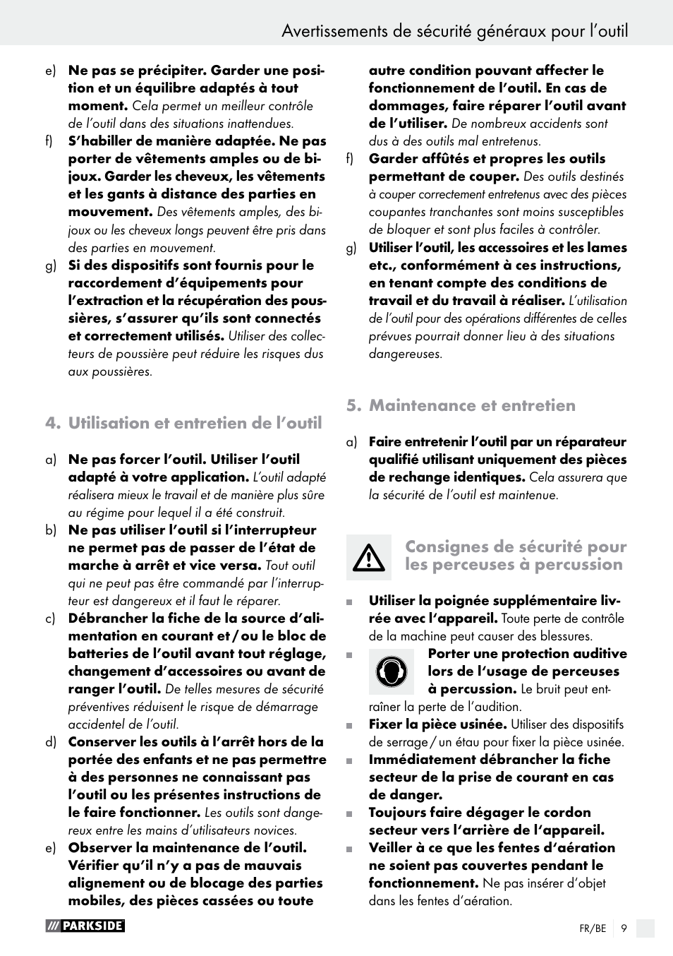 Avertissements de sécurité généraux pour l’outil, Utilisation et entretien de l’outil, Maintenance et entretien | Parkside PSBM 500 A1 User Manual | Page 9 / 44