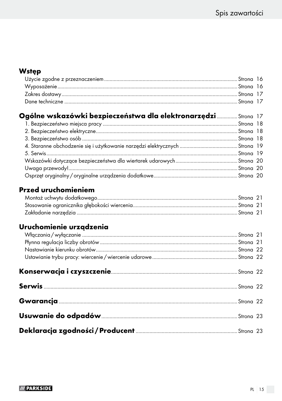 Spis zawartości | Parkside PSBM 500 A1 User Manual | Page 15 / 72