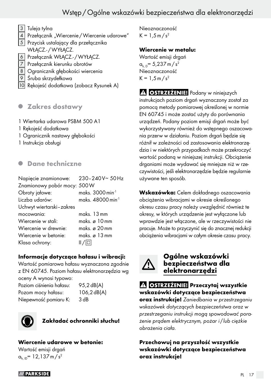Zakres dostawy, Dane techniczne | Parkside PSBM 500 A1 User Manual | Page 17 / 72
