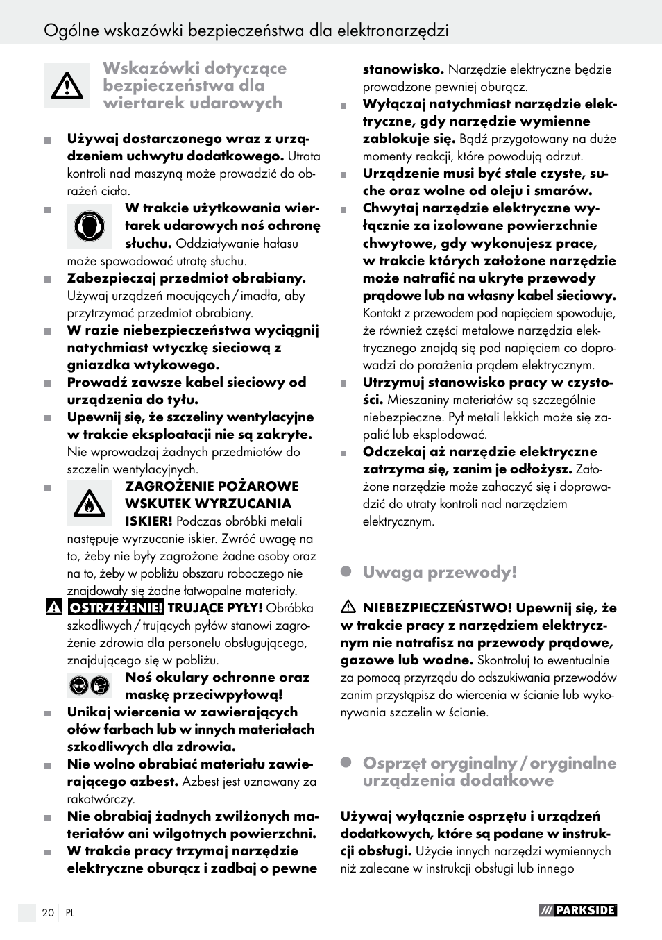 Uwaga przewody | Parkside PSBM 500 A1 User Manual | Page 20 / 72