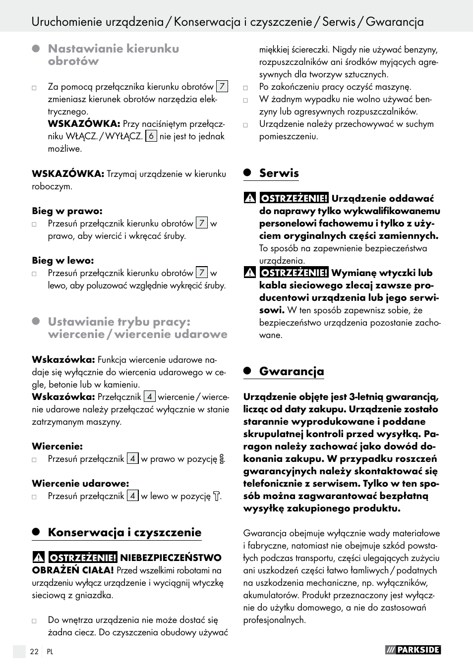 Nastawianie kierunku obrotów, Konserwacja i czyszczenie, Serwis | Gwarancja | Parkside PSBM 500 A1 User Manual | Page 22 / 72