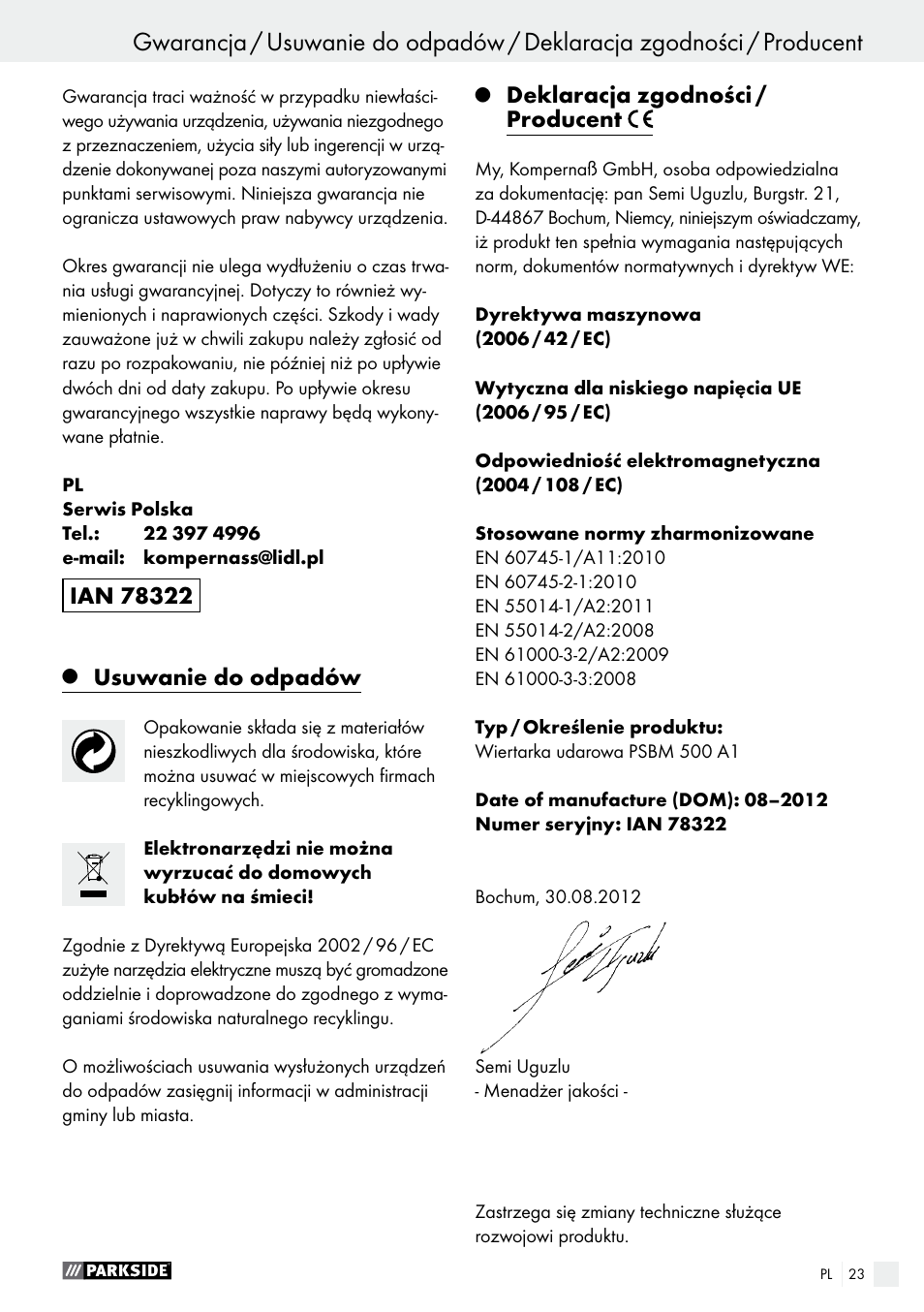 Usuwanie do odpadów, Deklaracja zgodności / producent | Parkside PSBM 500 A1 User Manual | Page 23 / 72