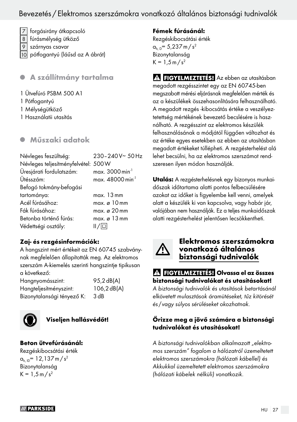 A szállítmány tartalma, Műszaki adatok | Parkside PSBM 500 A1 User Manual | Page 27 / 72