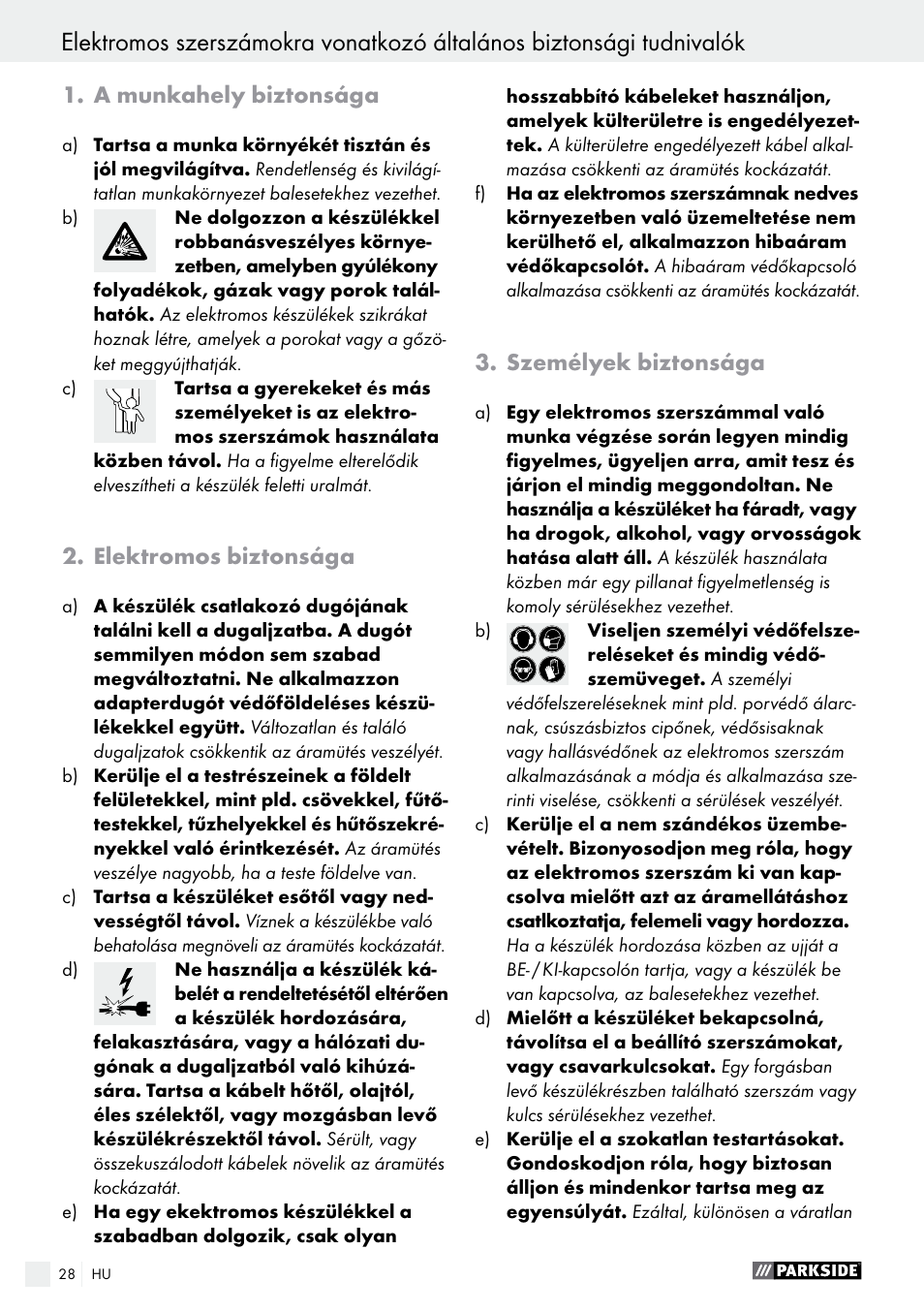 A munkahely biztonsága, Elektromos biztonsága, Személyek biztonsága | Parkside PSBM 500 A1 User Manual | Page 28 / 72
