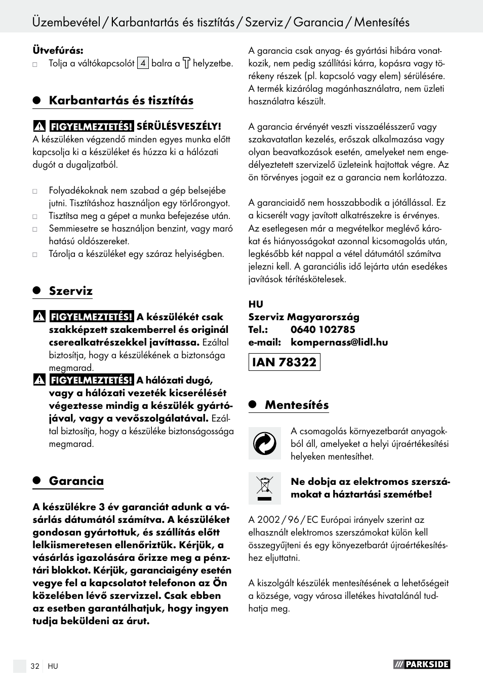 Karbantartás és tisztítás, Szerviz, Garancia | Mentesítés | Parkside PSBM 500 A1 User Manual | Page 32 / 72