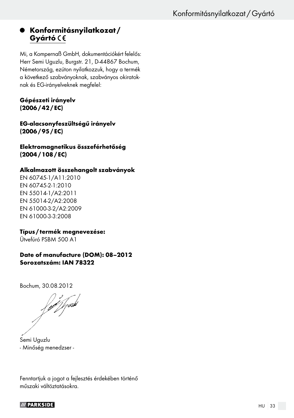 Konformitásnyilatkozat / gyártó | Parkside PSBM 500 A1 User Manual | Page 33 / 72