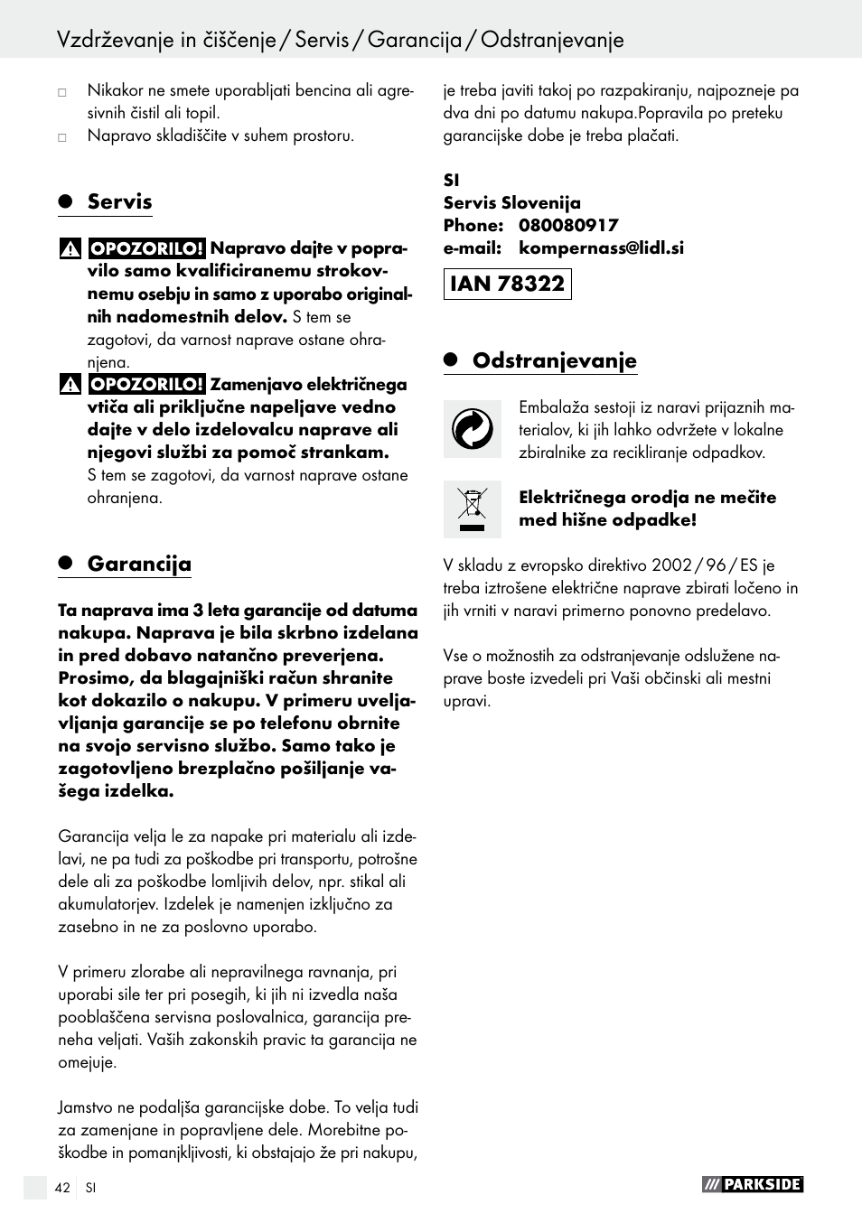 Servis, Garancija, Odstranjevanje | Parkside PSBM 500 A1 User Manual | Page 42 / 72