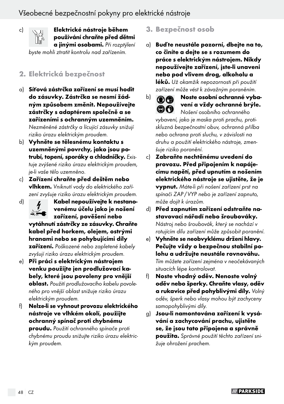 Elektrická bezpečnost, Bezpečnost osob | Parkside PSBM 500 A1 User Manual | Page 48 / 72