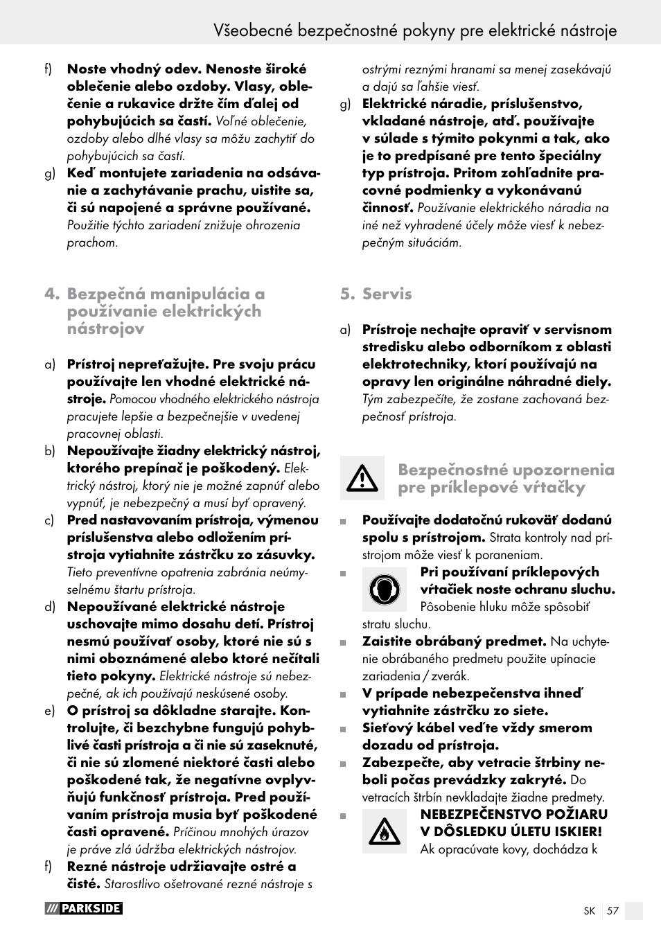 Servis, Bezpečnostné upozornenia pre príklepové vŕtačky | Parkside PSBM 500 A1 User Manual | Page 57 / 72