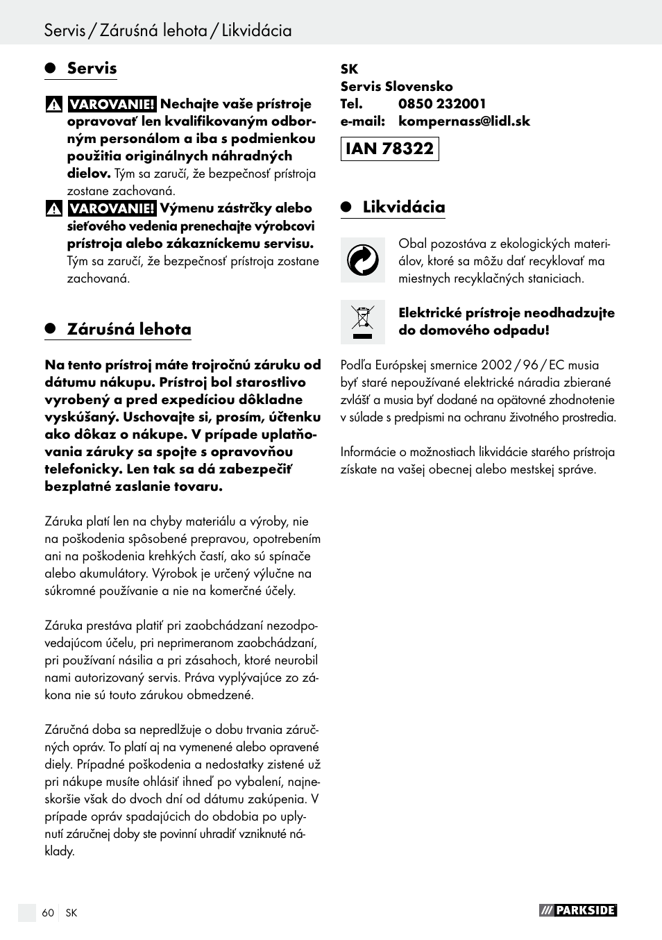 Servis, Záruśná lehota, Likvidácia | Parkside PSBM 500 A1 User Manual | Page 60 / 72